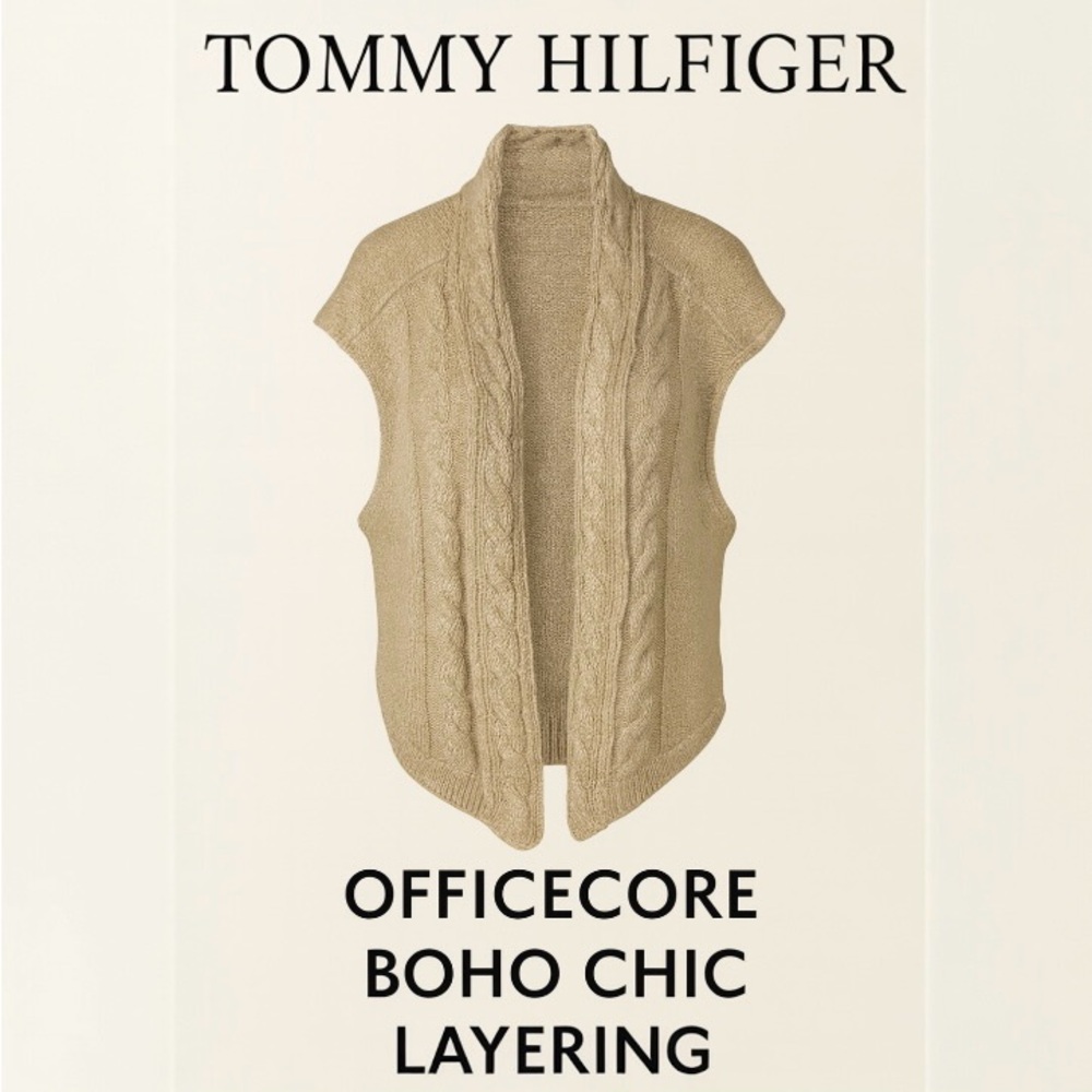 Tommy Hilfiger Vest Sz L Cardigan Cable Knit Metallic Open Front Sleeveless